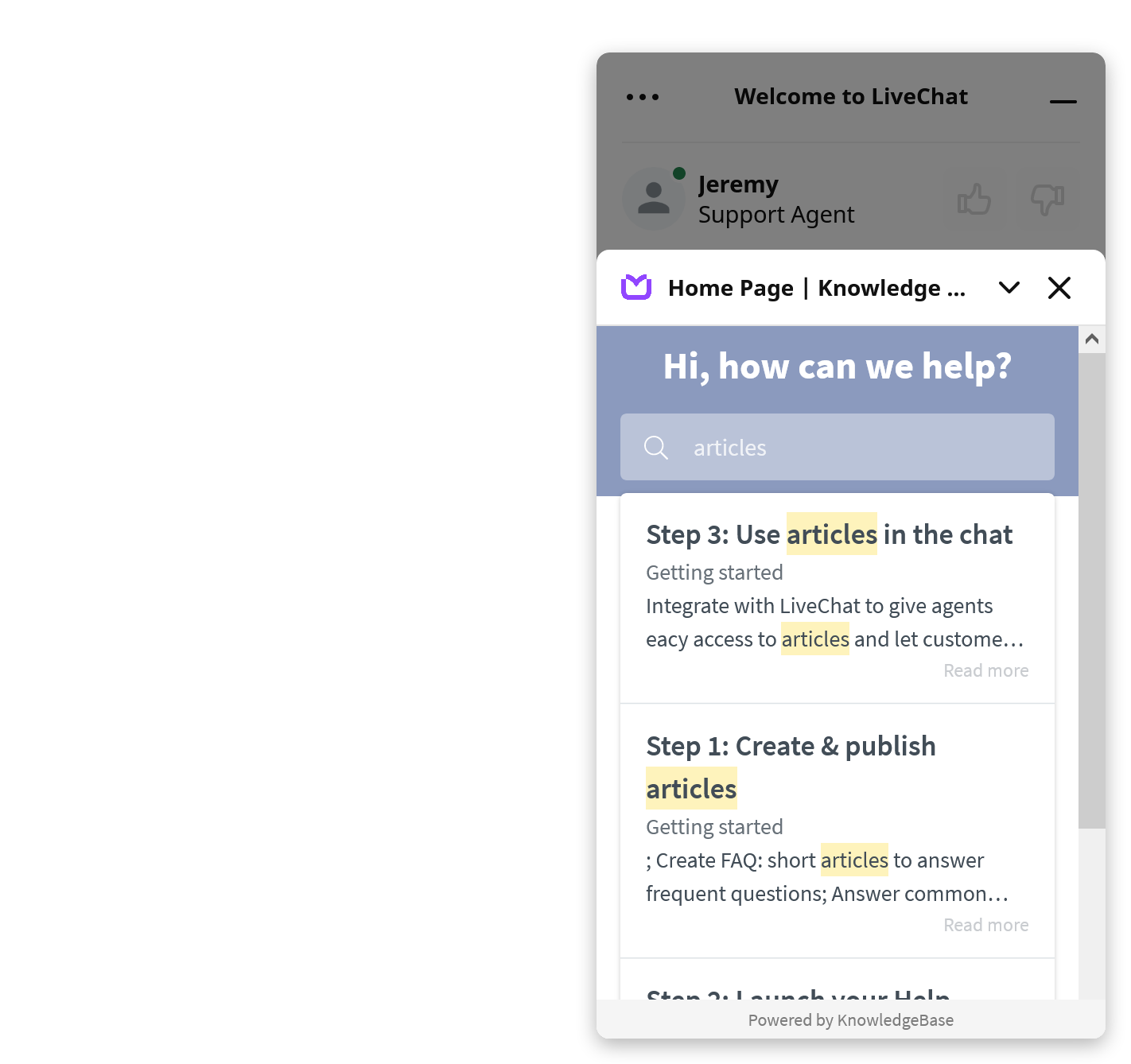 KnowledgeBase help center in the LiveChat chat widget