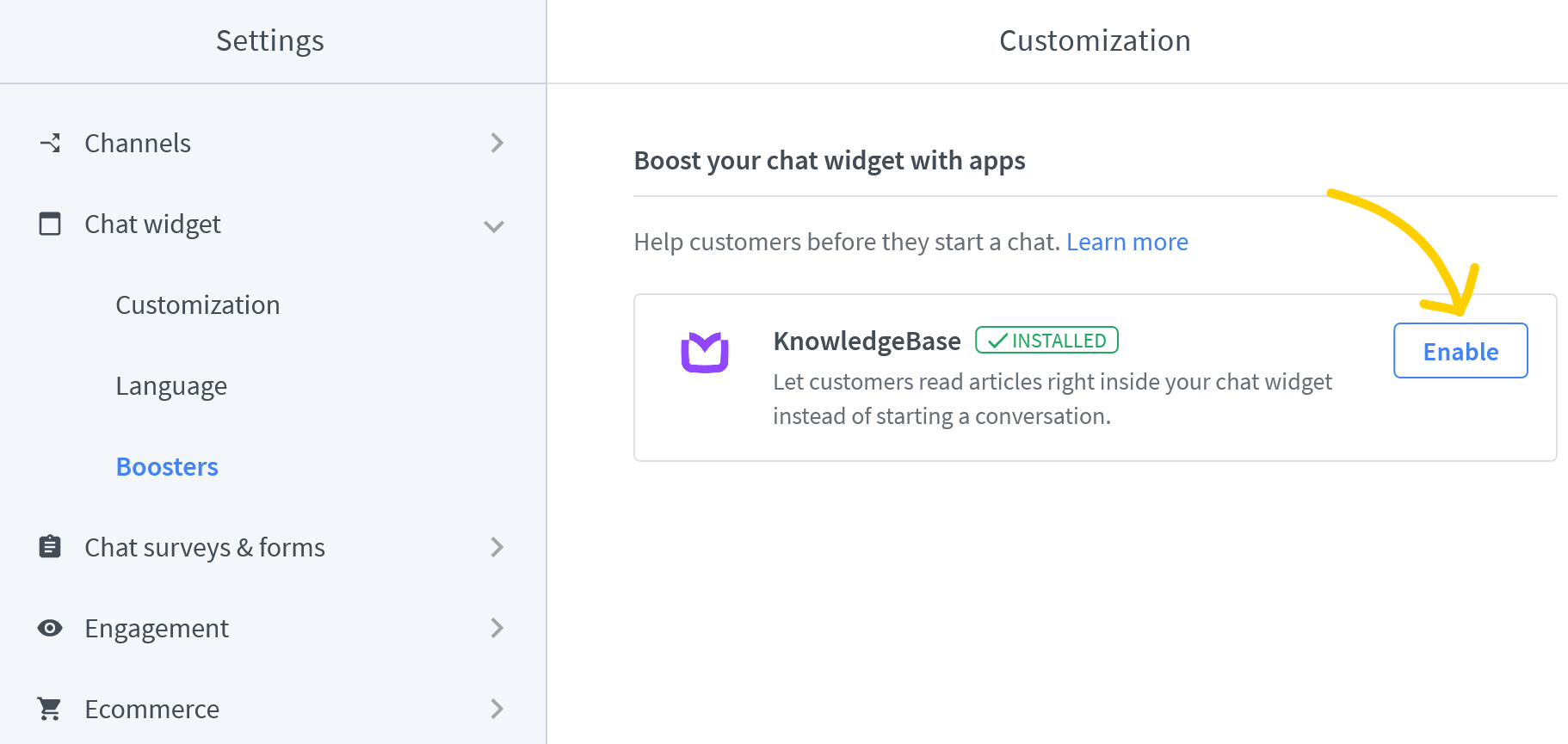 Turn on KnowledgeBase in livechat chat widget