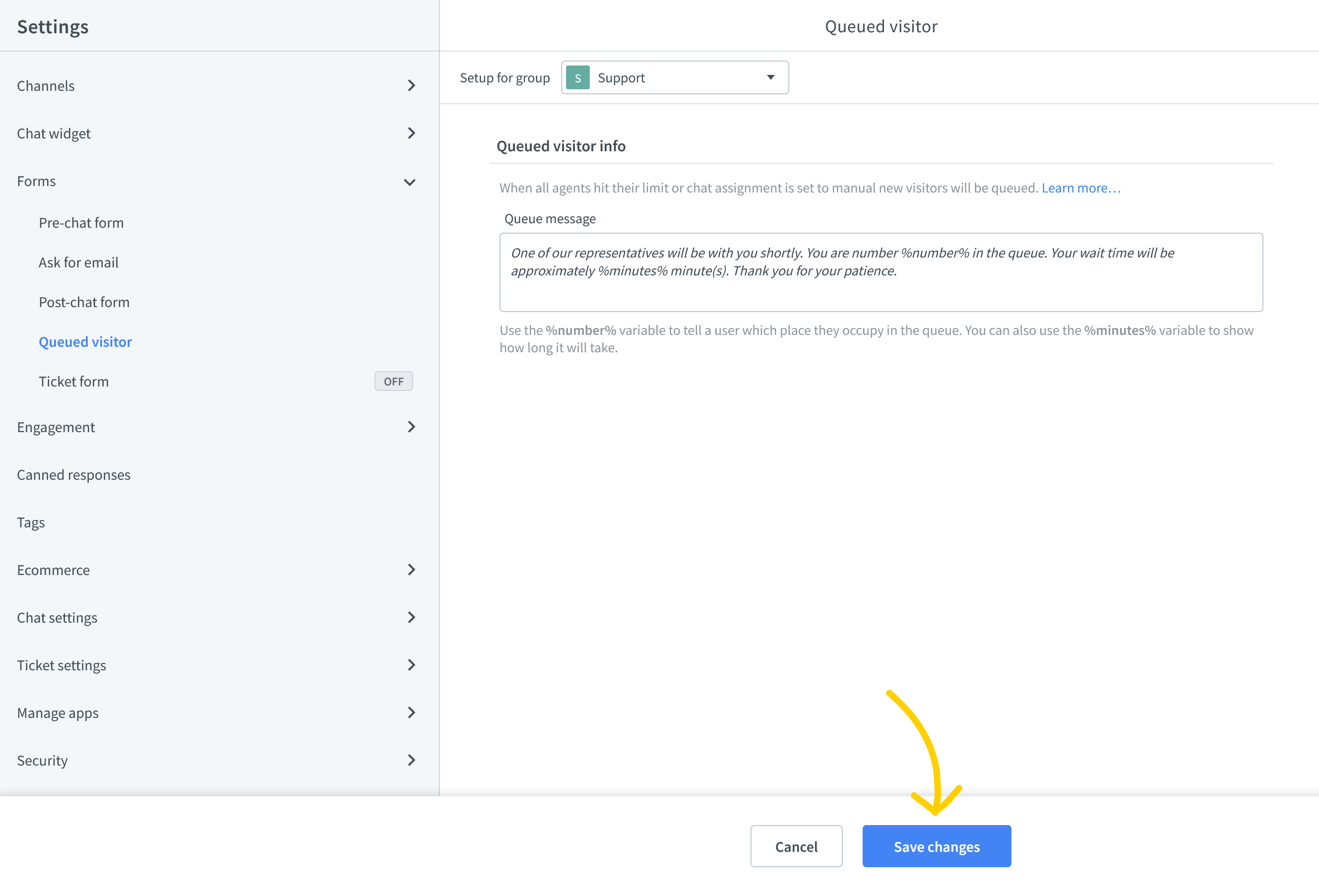 Save changes made to queued visitor settings