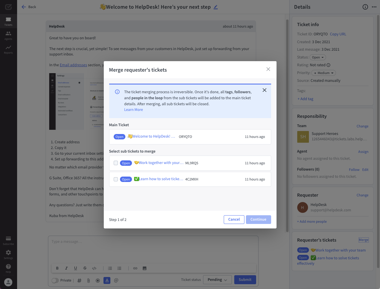 A view with details on how to merge tickets.