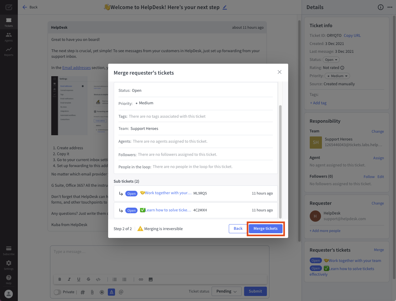 A summary view to finalize the ticket merging process.