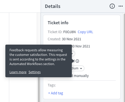 Tooltip with ticket rating settings in ticket details.