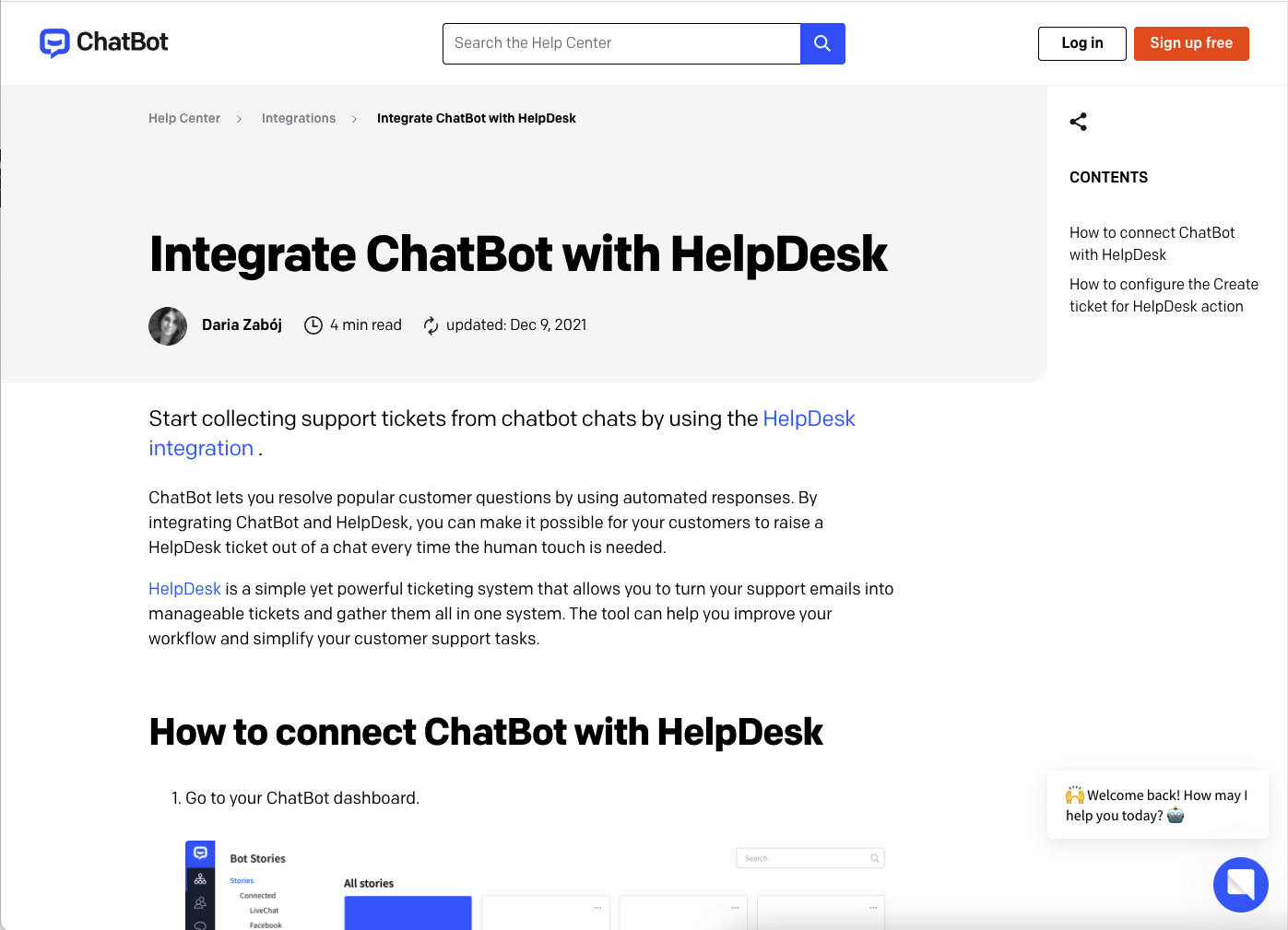 ChatBot help center article about ChatBot integration with HelpDesk.