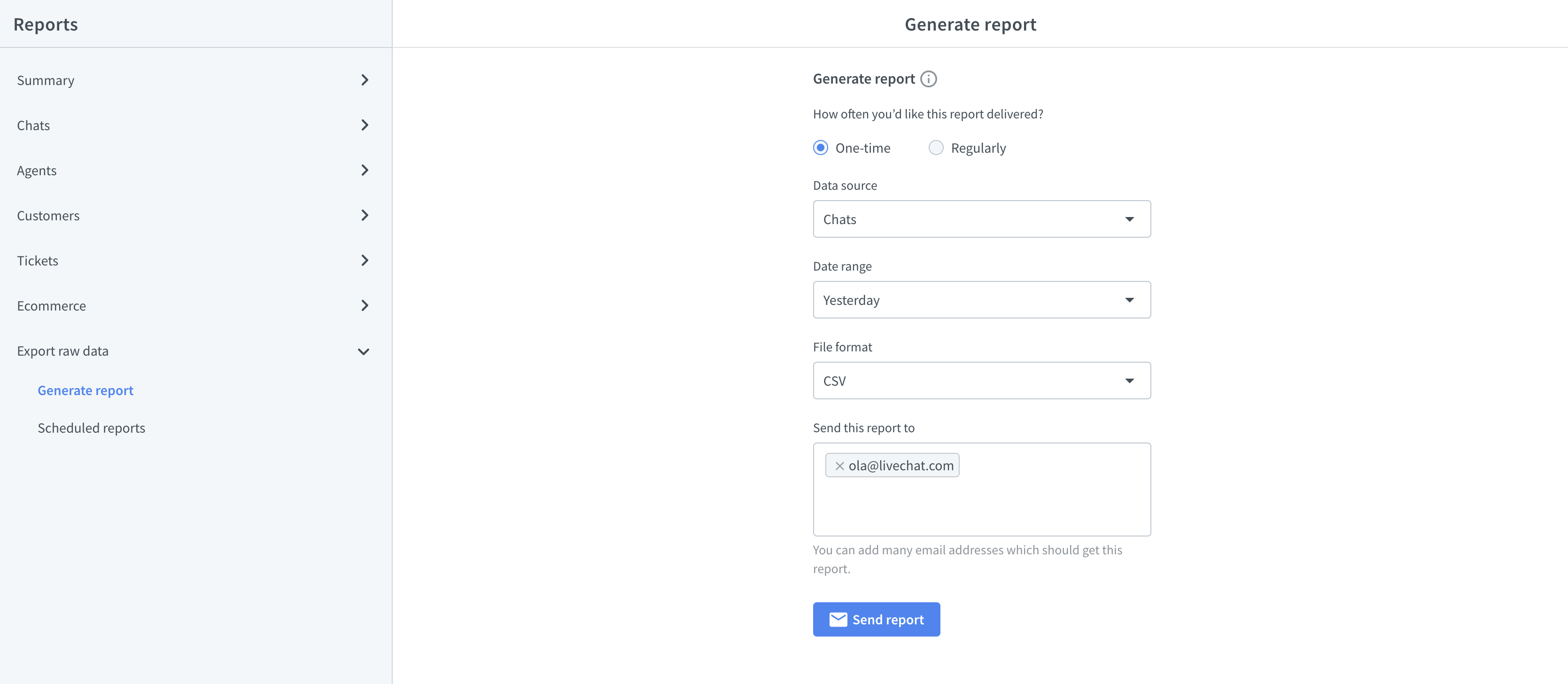 Exporting data reports in LiveChat