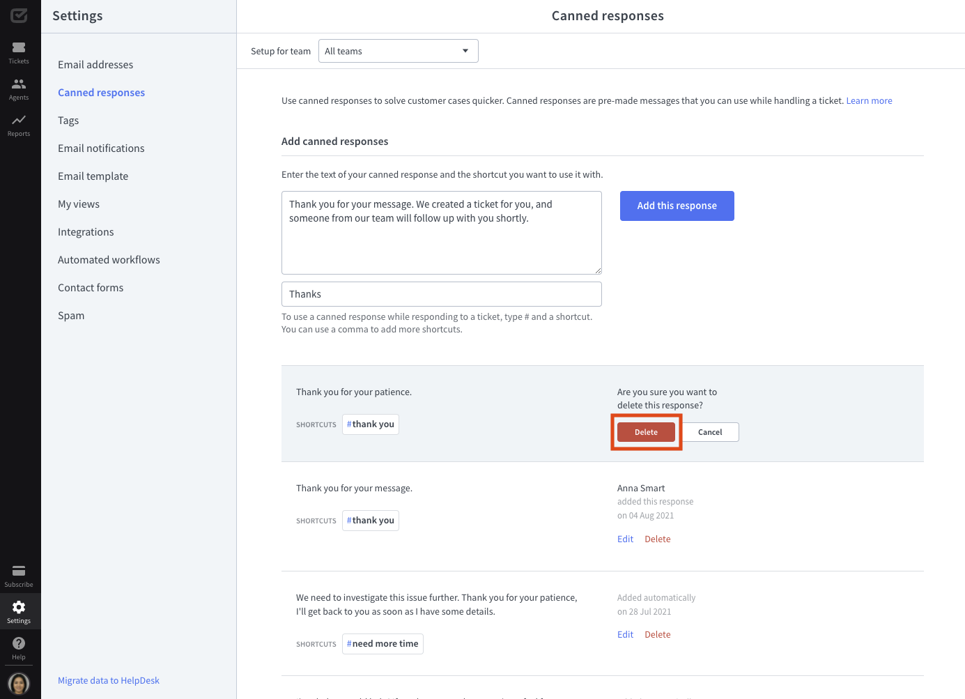 Confirmation of canned response deletion in HelpDesk.