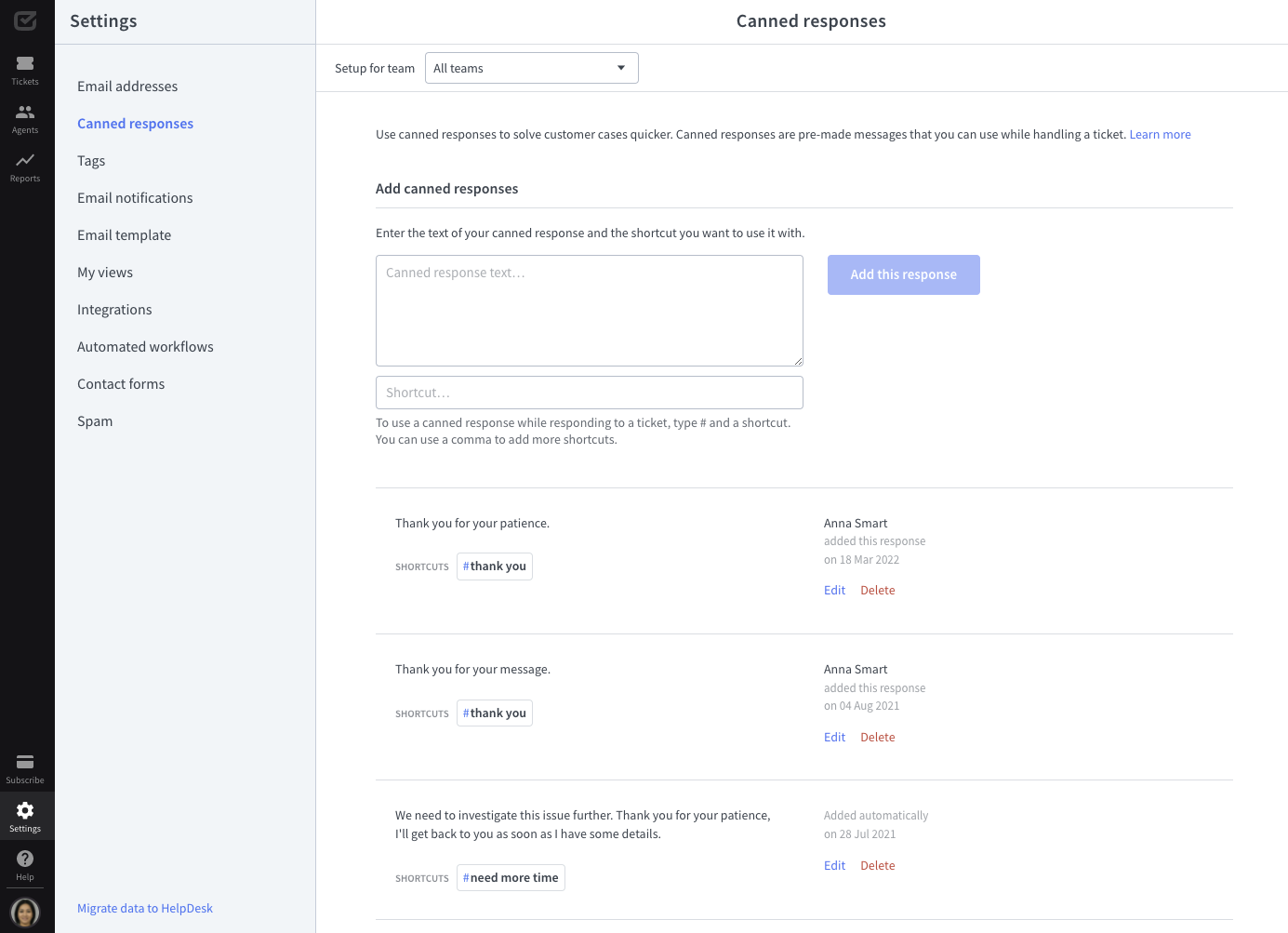 Managing canned responses in HelpDesk.