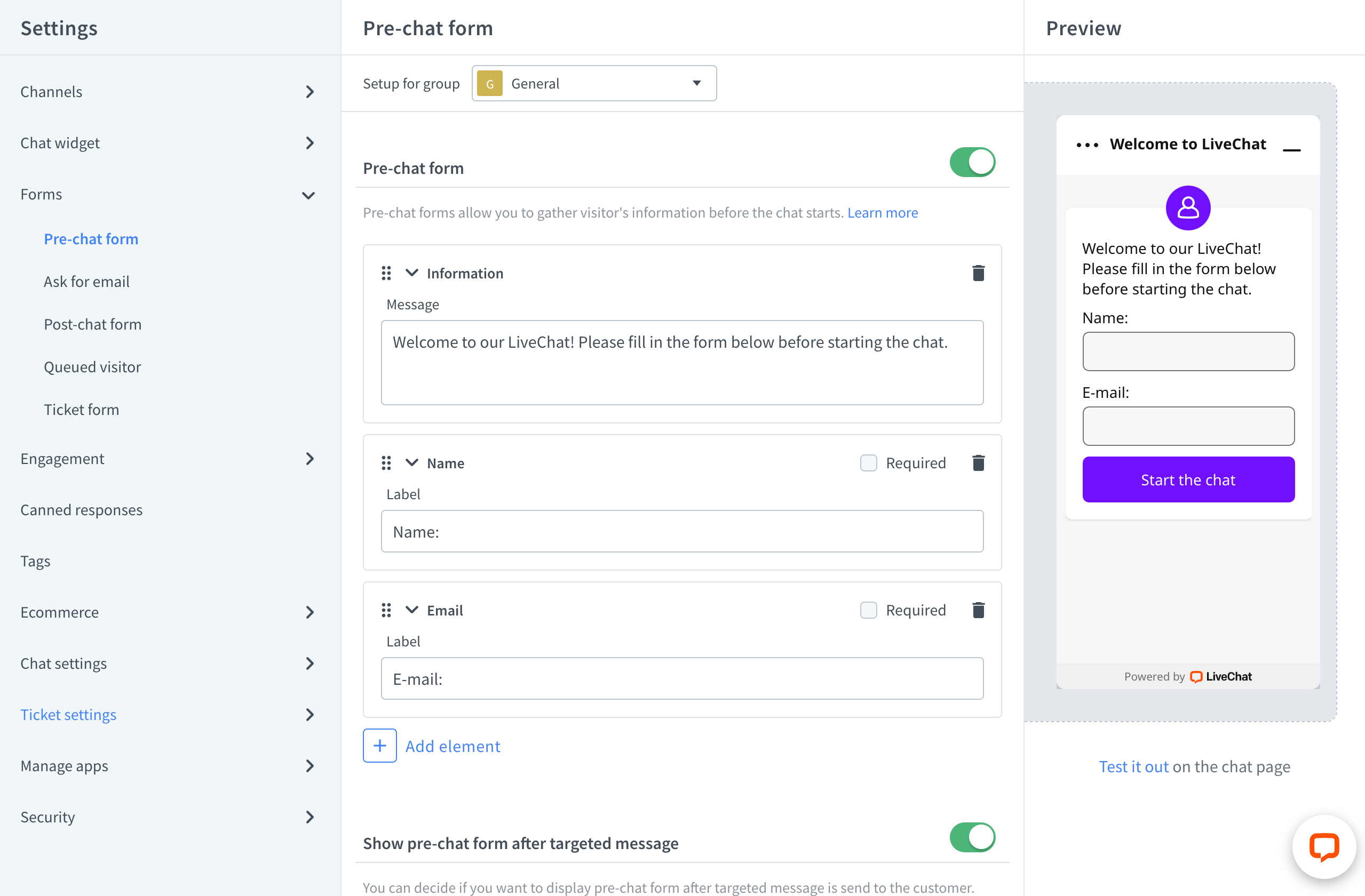Pre-chat form settings in LiveChat