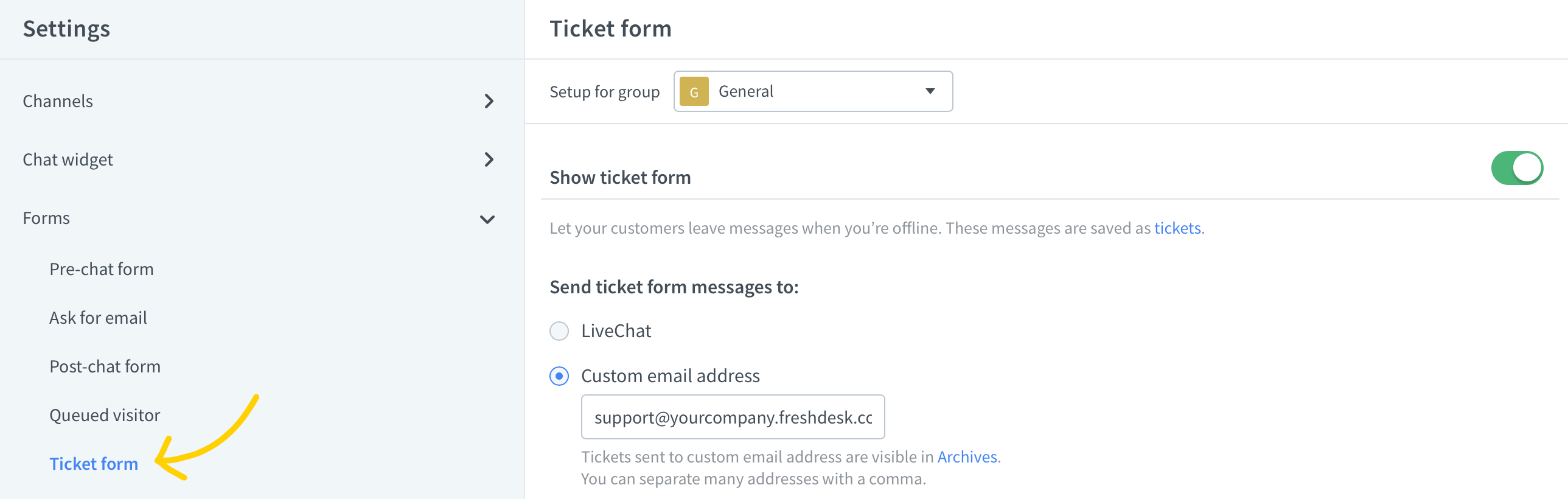 Custom email forwarding in LiveChat