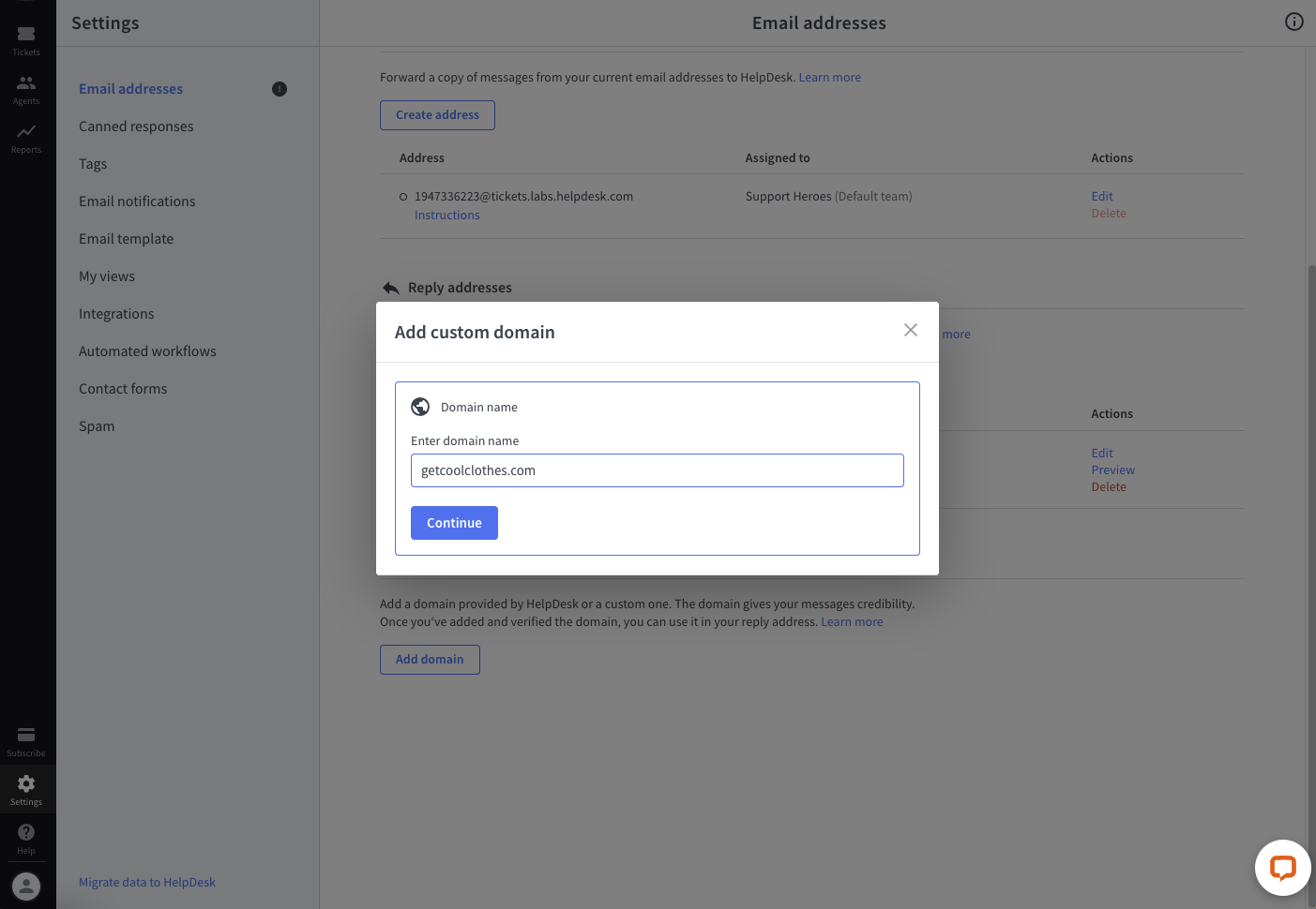 Entering a custom domain name in HelpDesk.