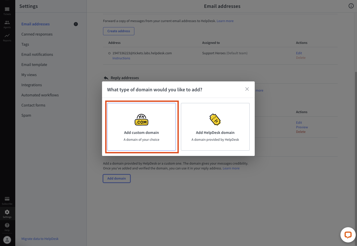 Choosing the domain type in HelpDesk — custom domain.