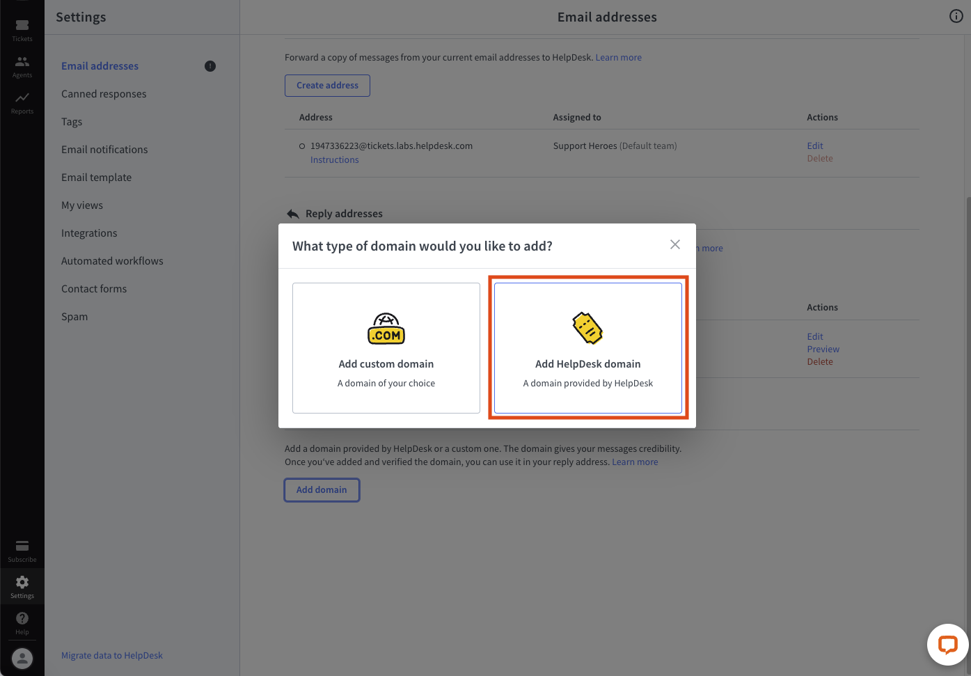 Choosing the domain type in HelpDesk — HelpDesk domain.