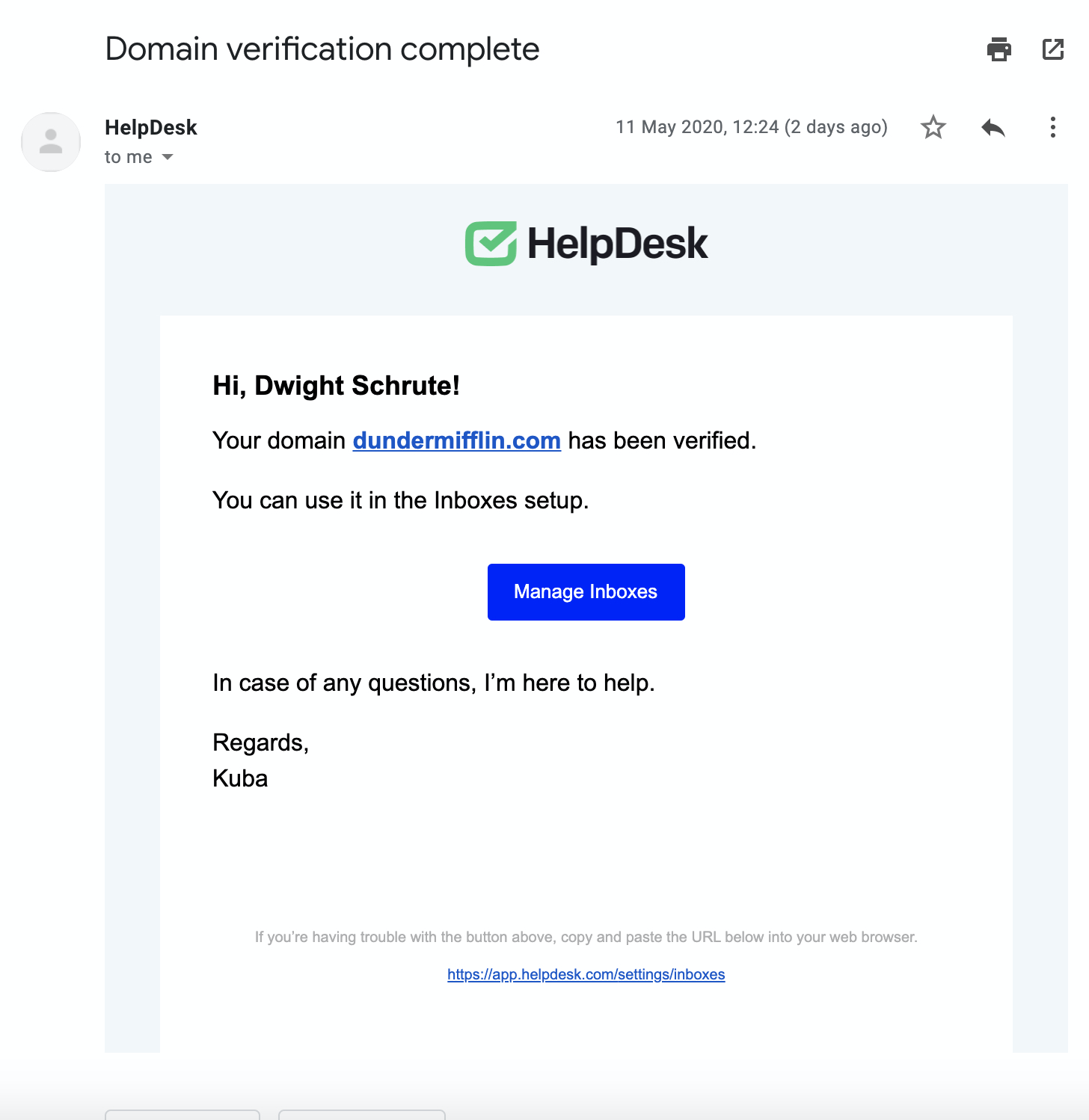 An email confirming the verification of the domain.