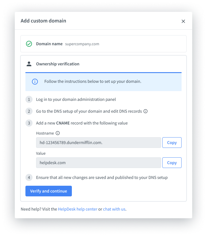 Ownership verification stage when configuring a custom domain in HelpDesk.