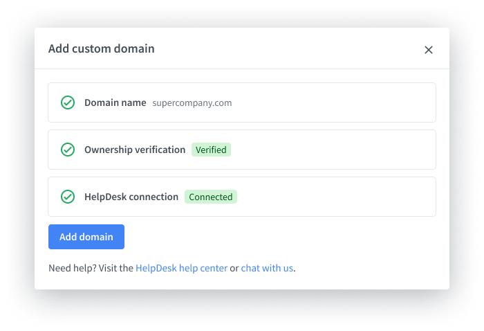 A summary screen containing all settings related to the custom domain in HelpDesk.