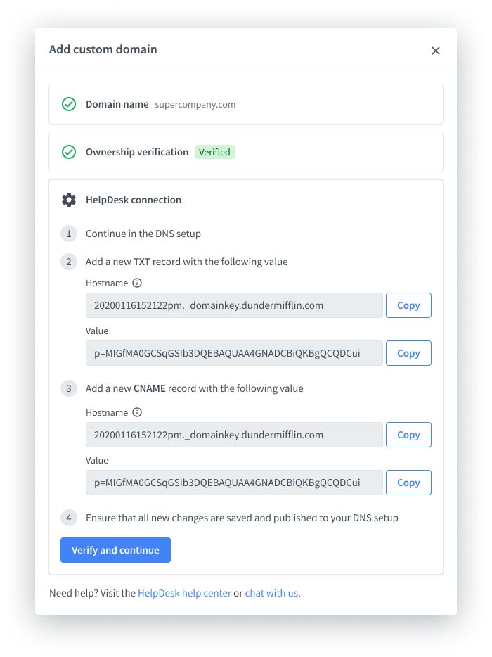 HelpDesk connection stage when configuring a custom domain in HelpDesk.