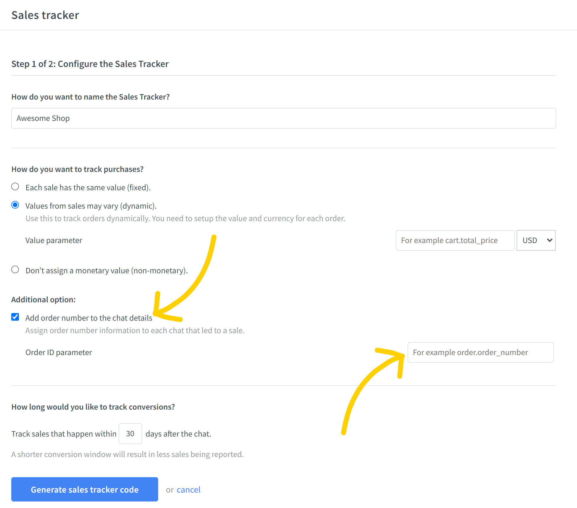 Entering order ID parameter for the LiveChat Sales Tracker