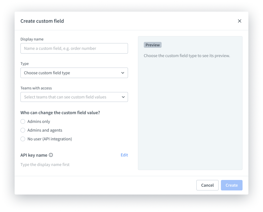 The main view of the panel for creating custom fields. 