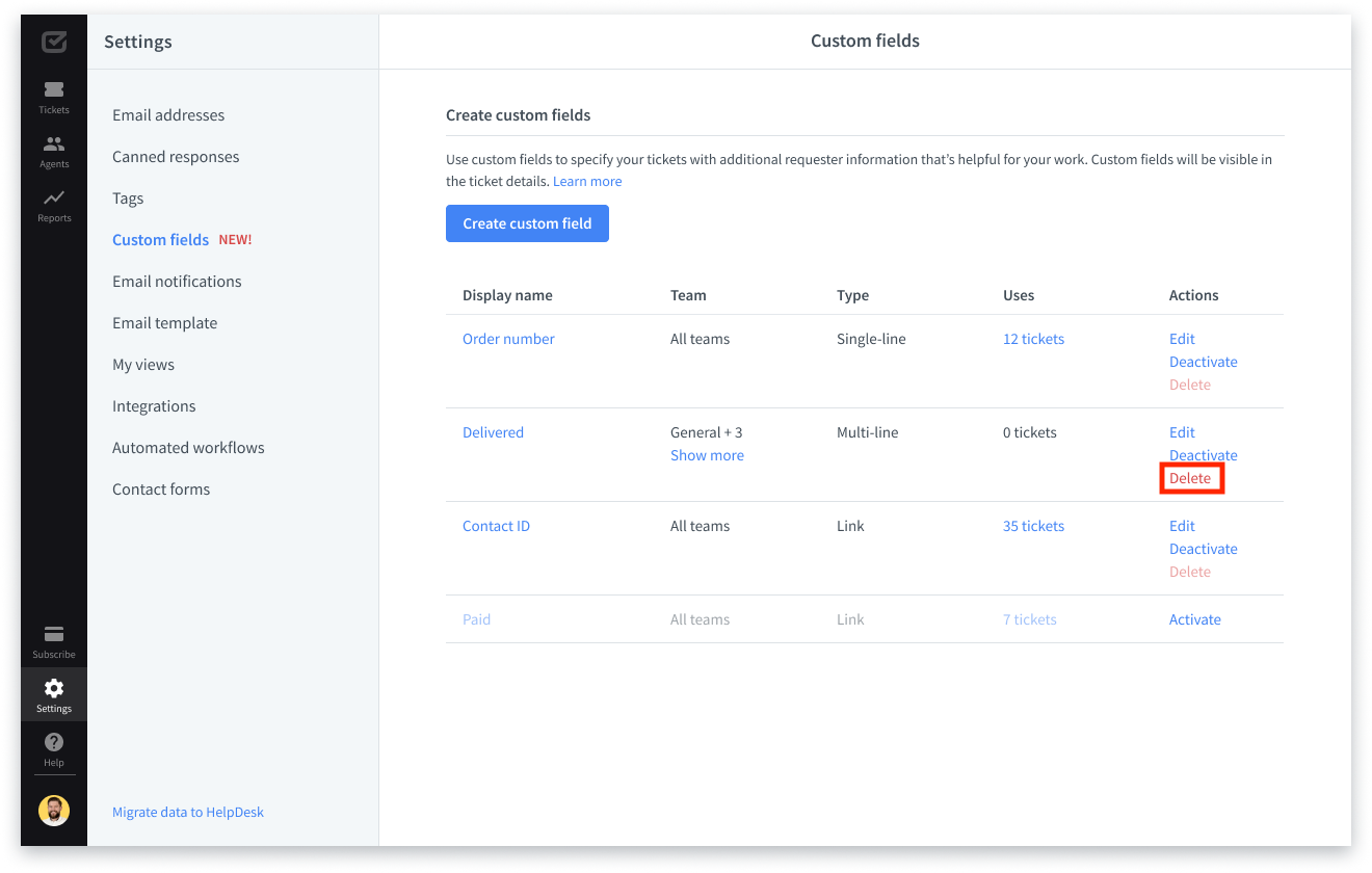 Deleting the custom field in HelpDesk.