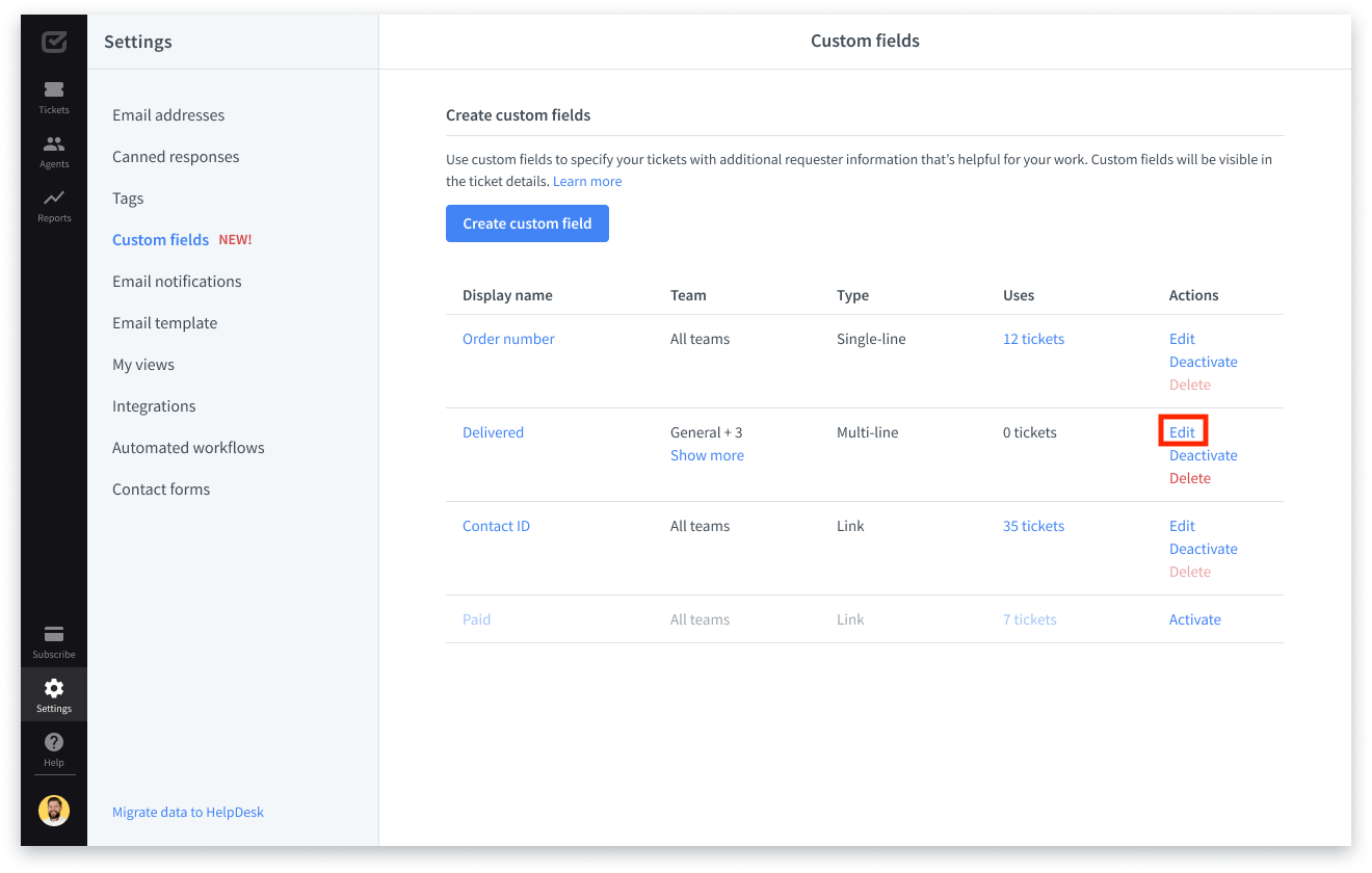 Editing the custom field in HelpDesk.