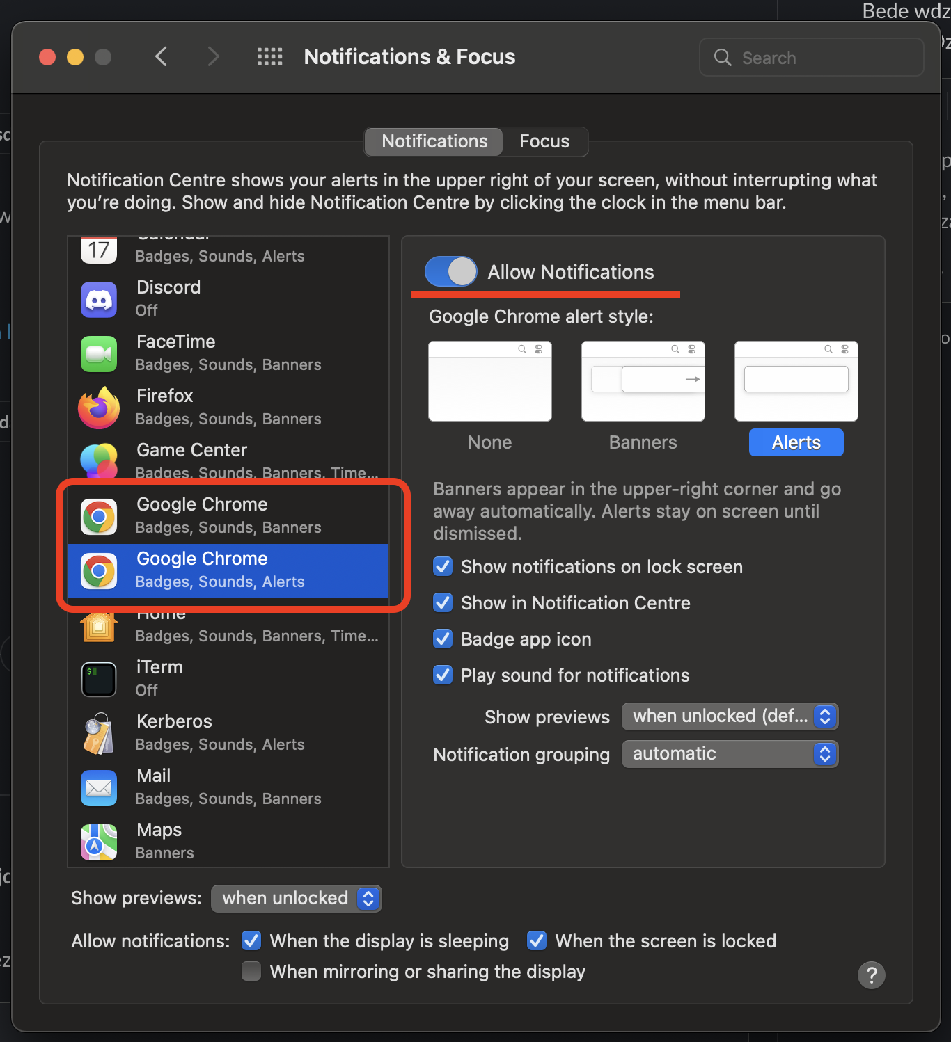 Unblocking global notification settings for the operating system.