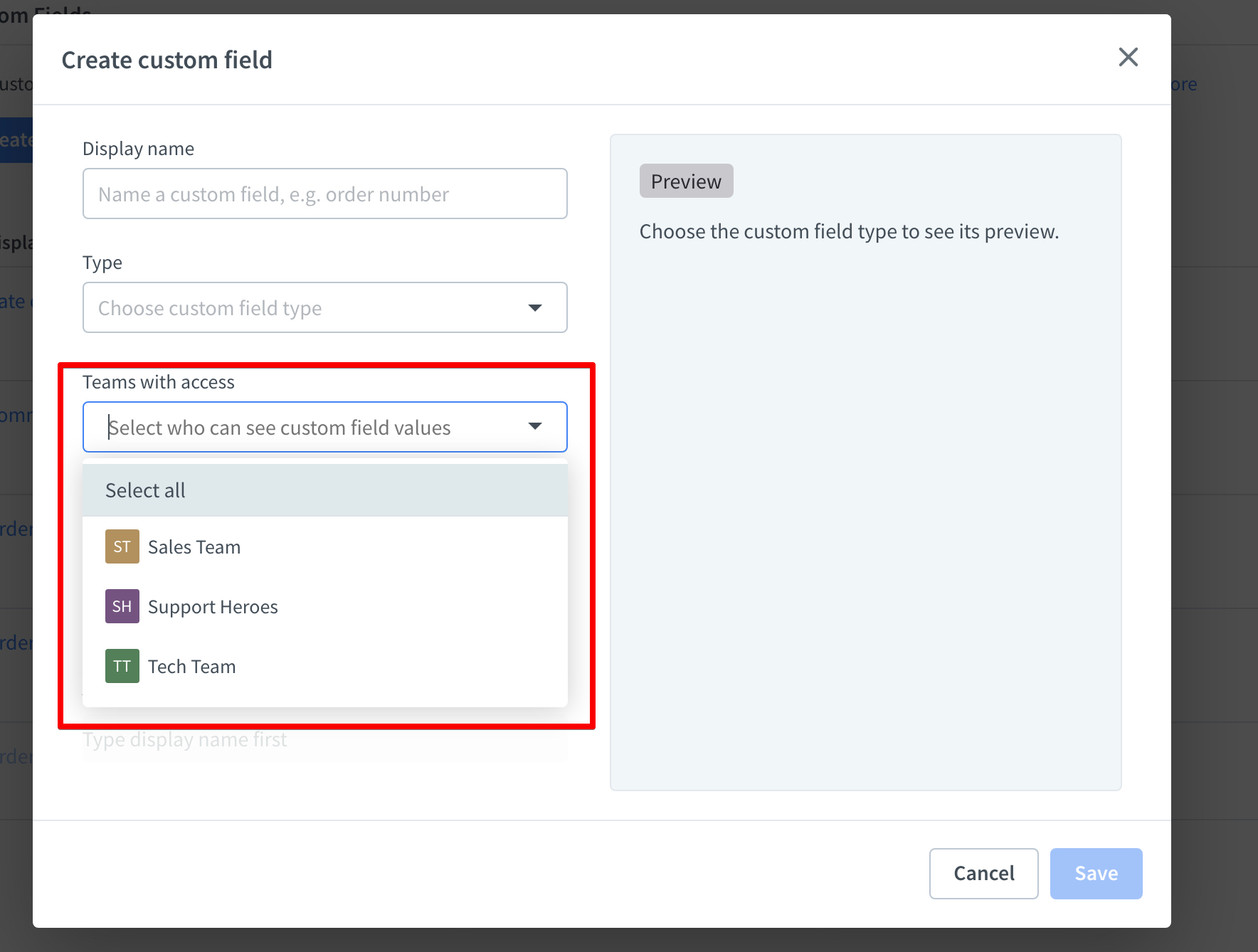 Selecting teams to access custom field values.