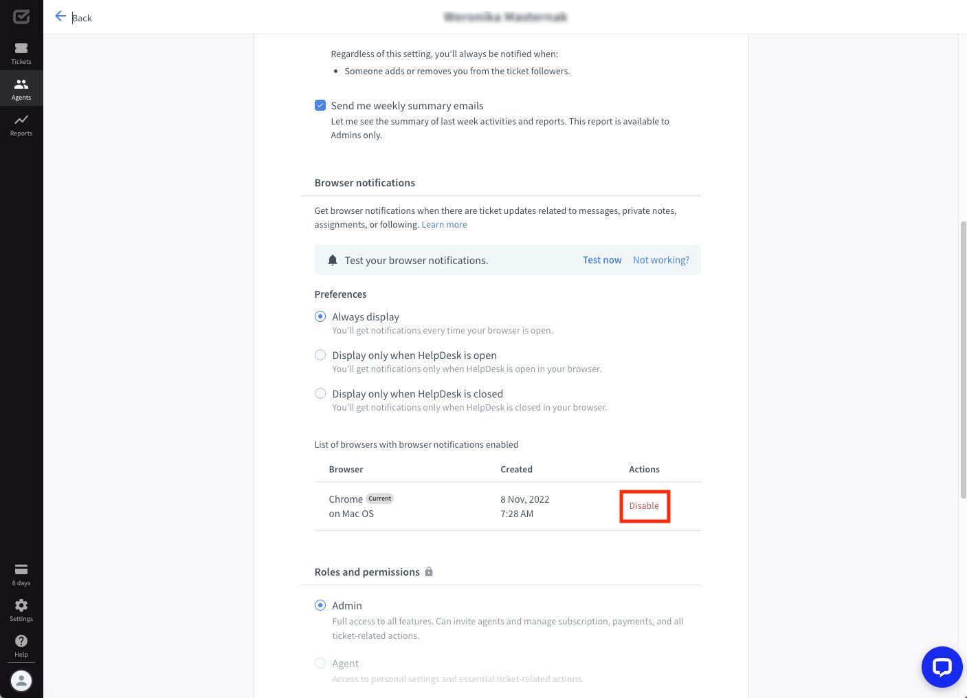 Disabling browser notifications in HelpDesk.