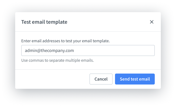 A window for entering email addresses to send an email template test.