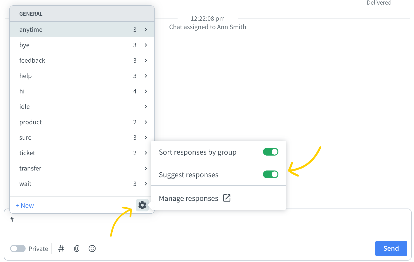 Canned response selector with the Settings opened. The toggle disabling suggested responses is indicated with an arrow.