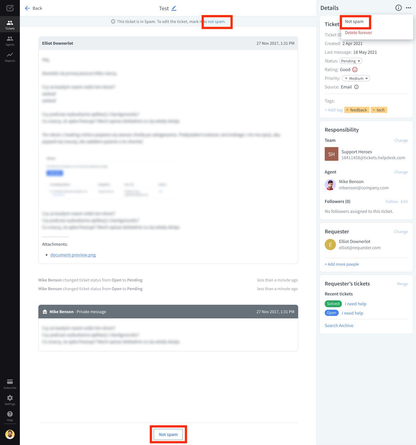 Marking a ticket as not spam in HelpDesk.