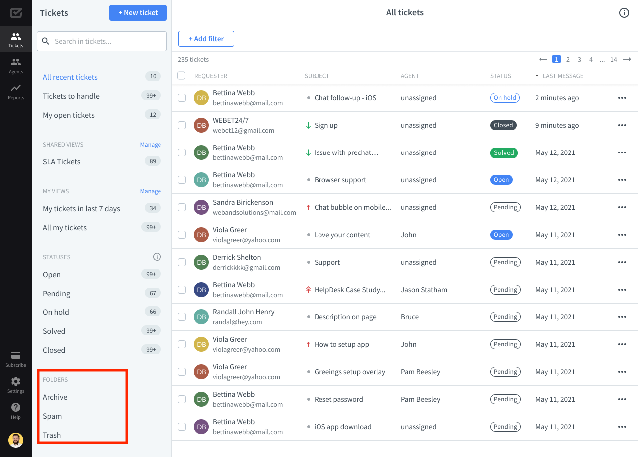 Browsing tickets in folders using the ticket navigation bar on the left in HelpDesk.