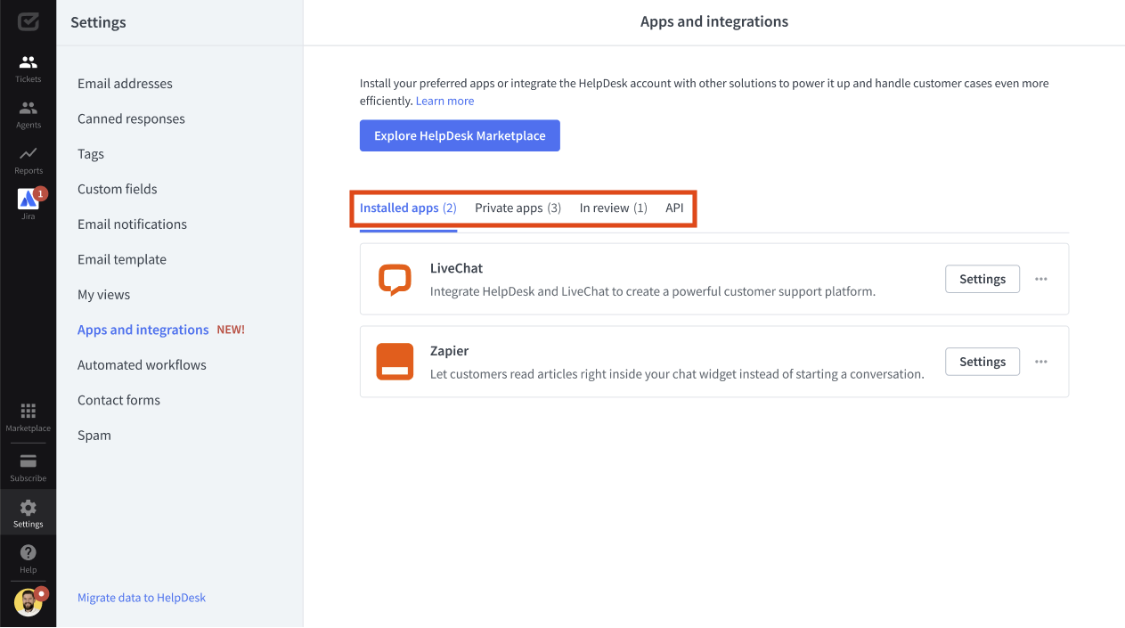 Four tabs in the &ldquo;Apps and integrations&rdquo; category in HelpDesk.