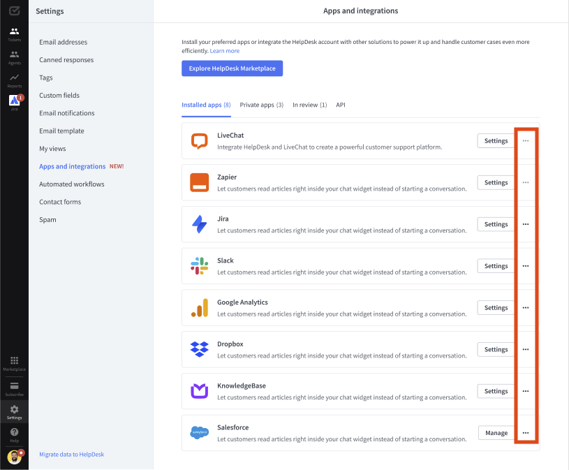 Action menu in HelpDesk in the &ldquo;Apps and integrations&rdquo; category.