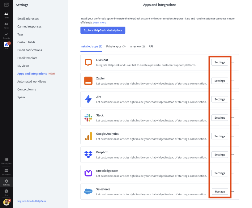 Dedicated settings for each application in the &ldquo;Apps and integrations&rdquo; category.