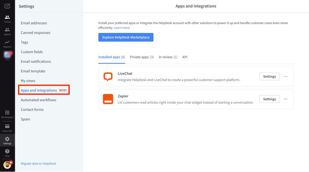 Settings apps in HelpDesk.