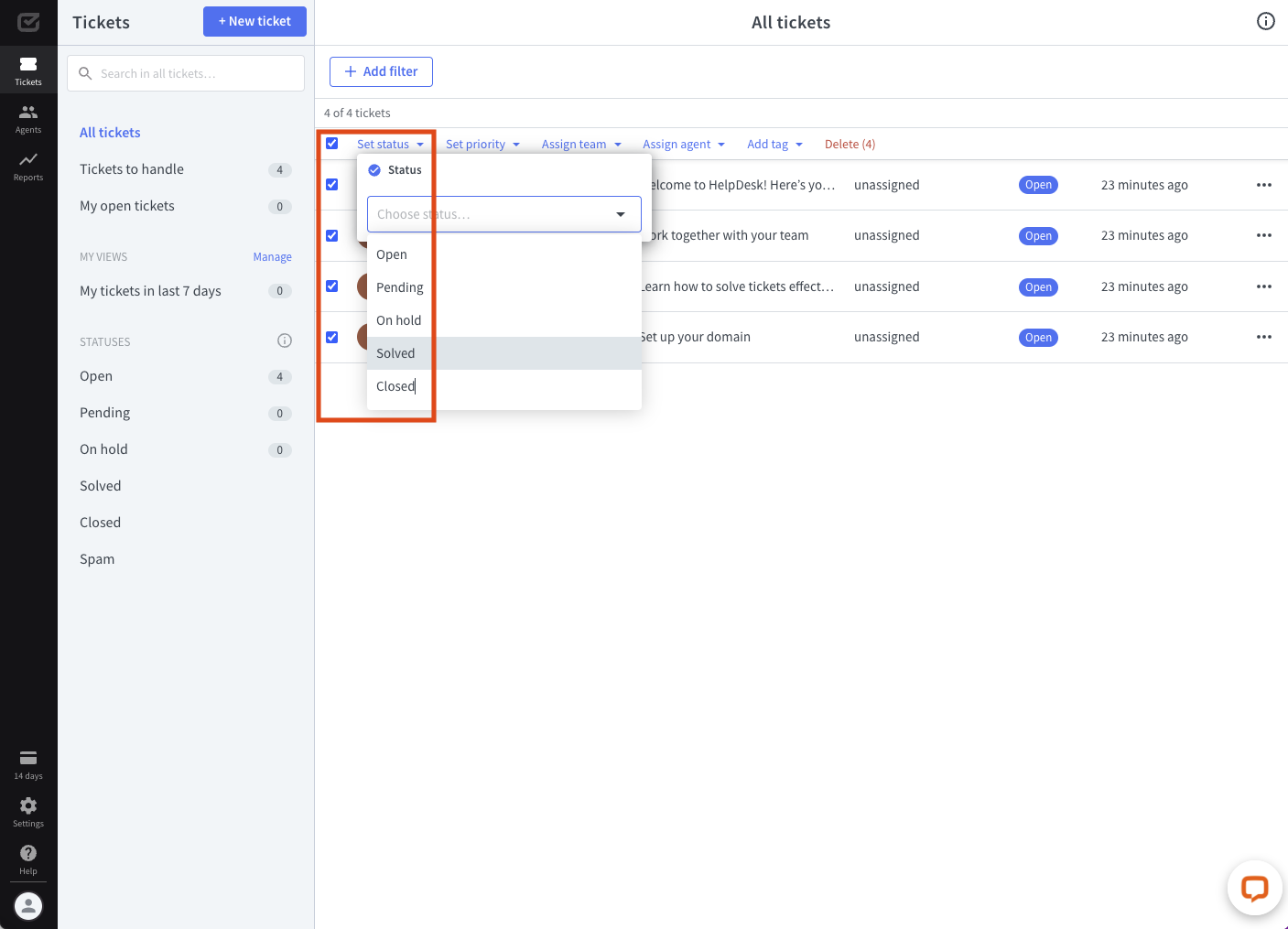 Changing statuses in HelpDesk using bulk actions.