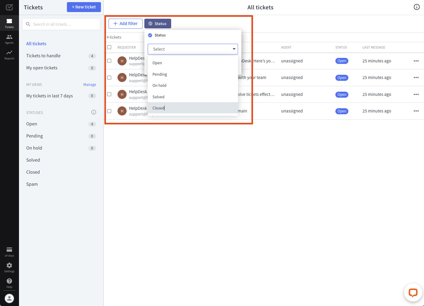 Filtering using statuses in HelpDesk.