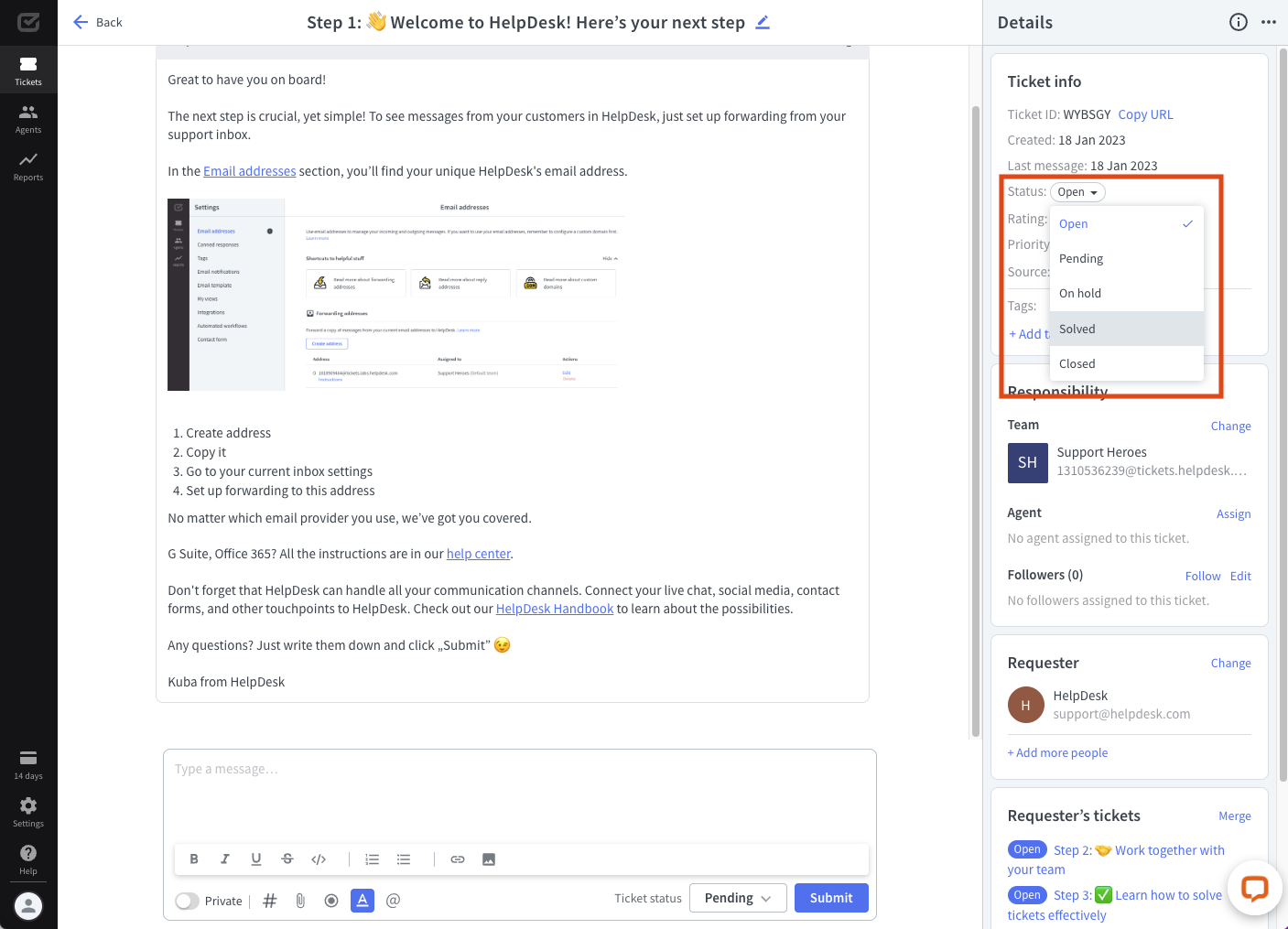 Statuses in the ticket details in HelpDesk.