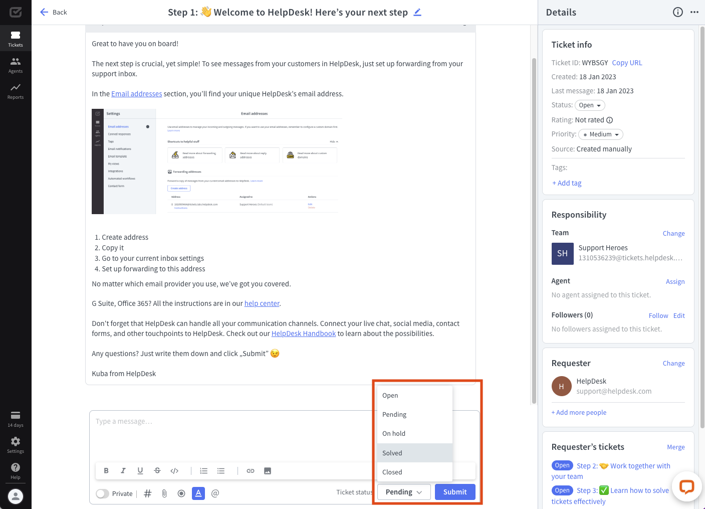 Statuses in the message area of the communication feed in HelpDesk. 