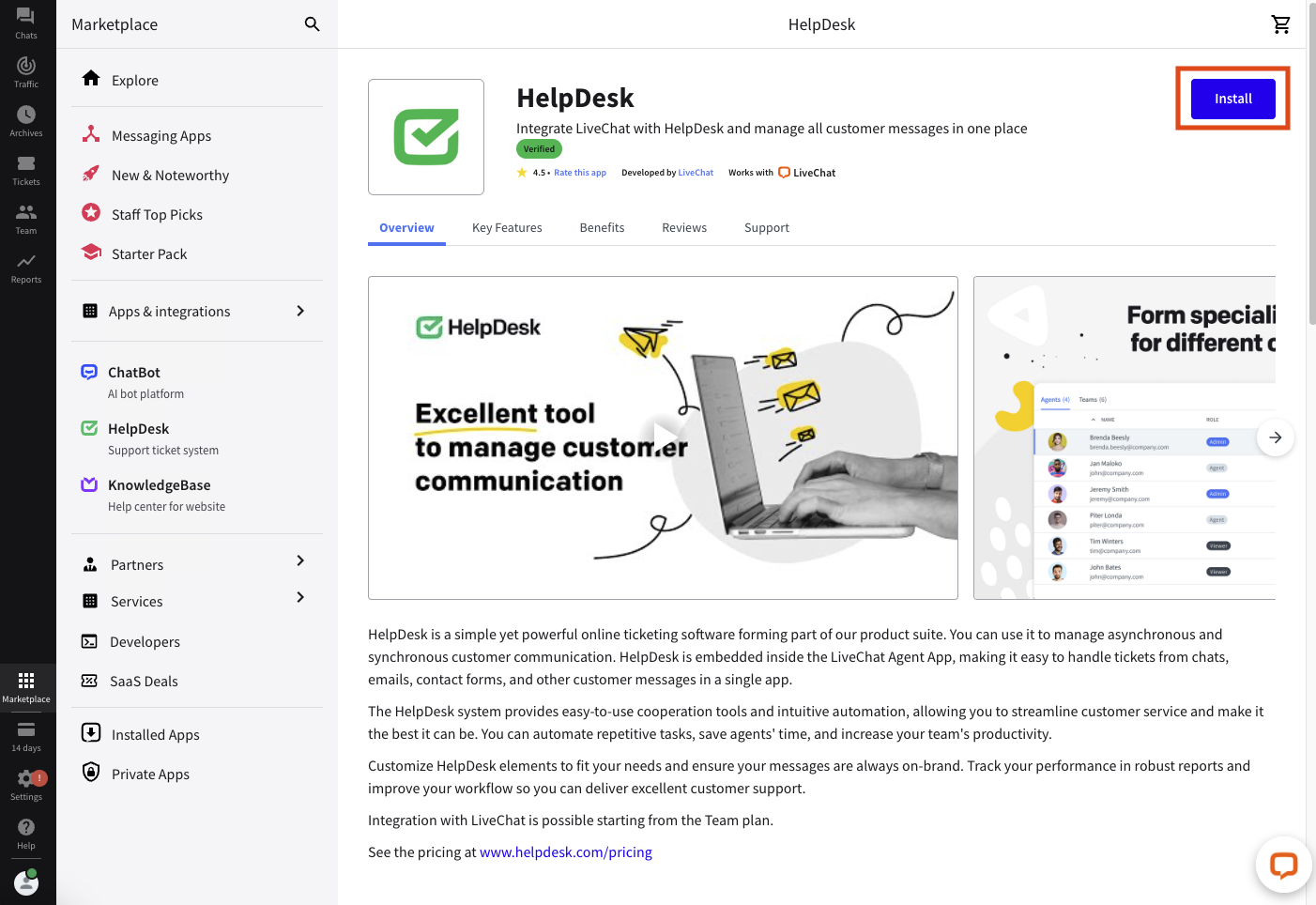 HelpDesk in the LiveChat Marketplace.