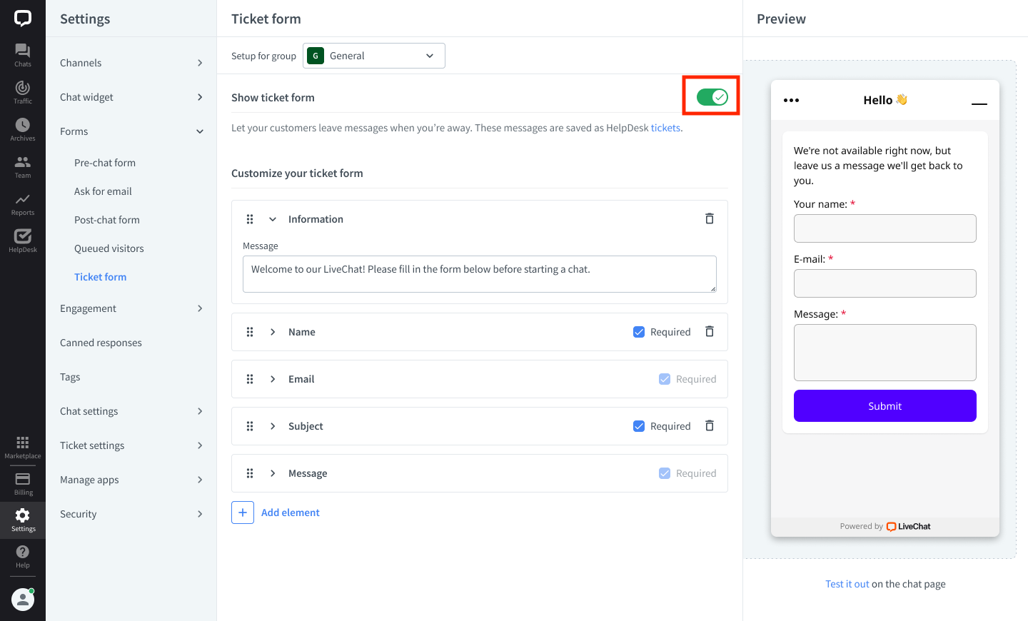 Ticket form activated in LiveChat.