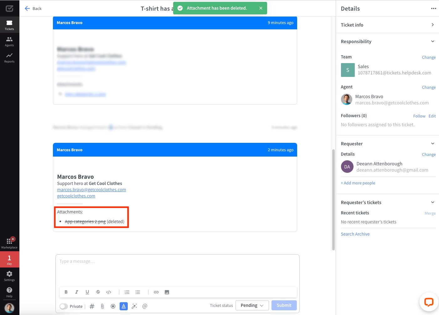 An attachment is deleted in HelpDesk.