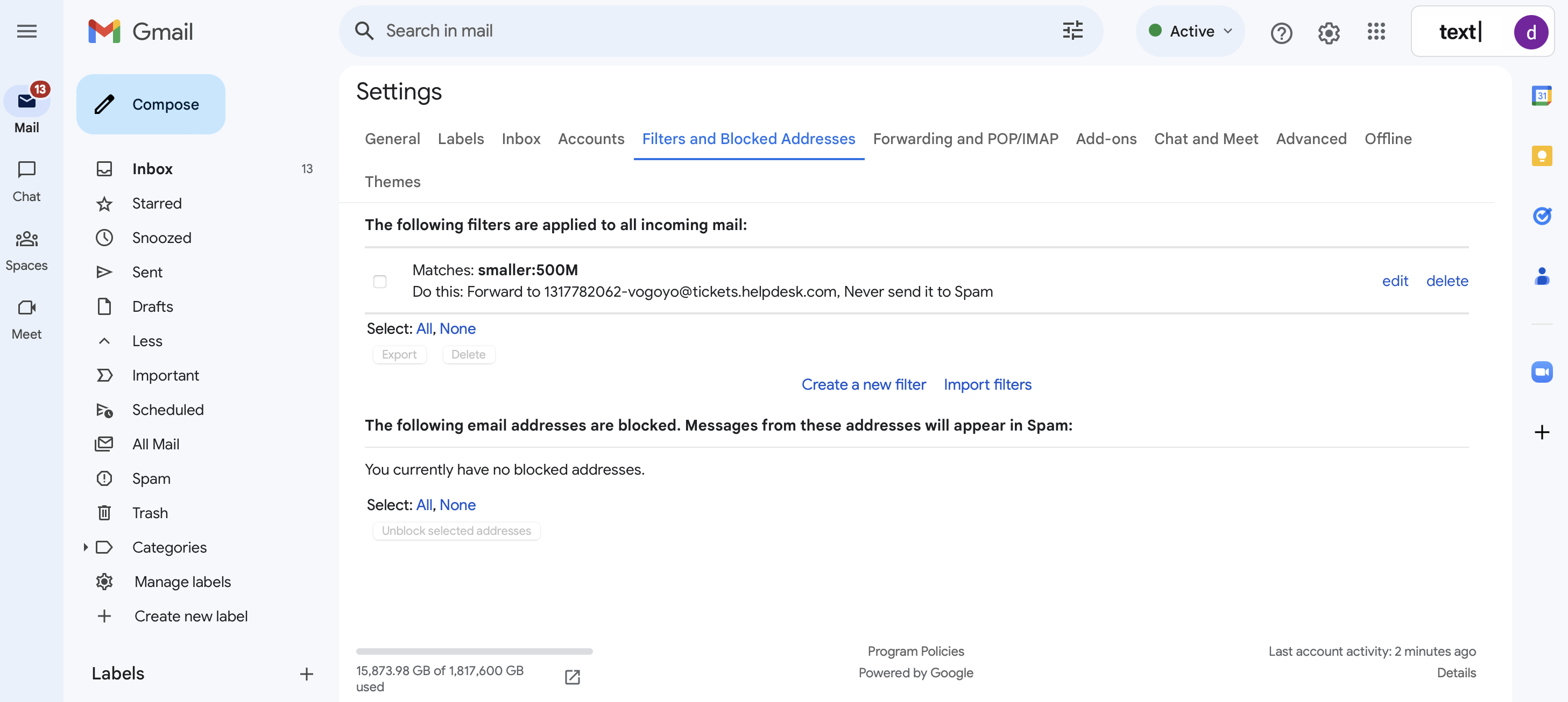HelpDesk forwarding address added as not Spam in Gmail.