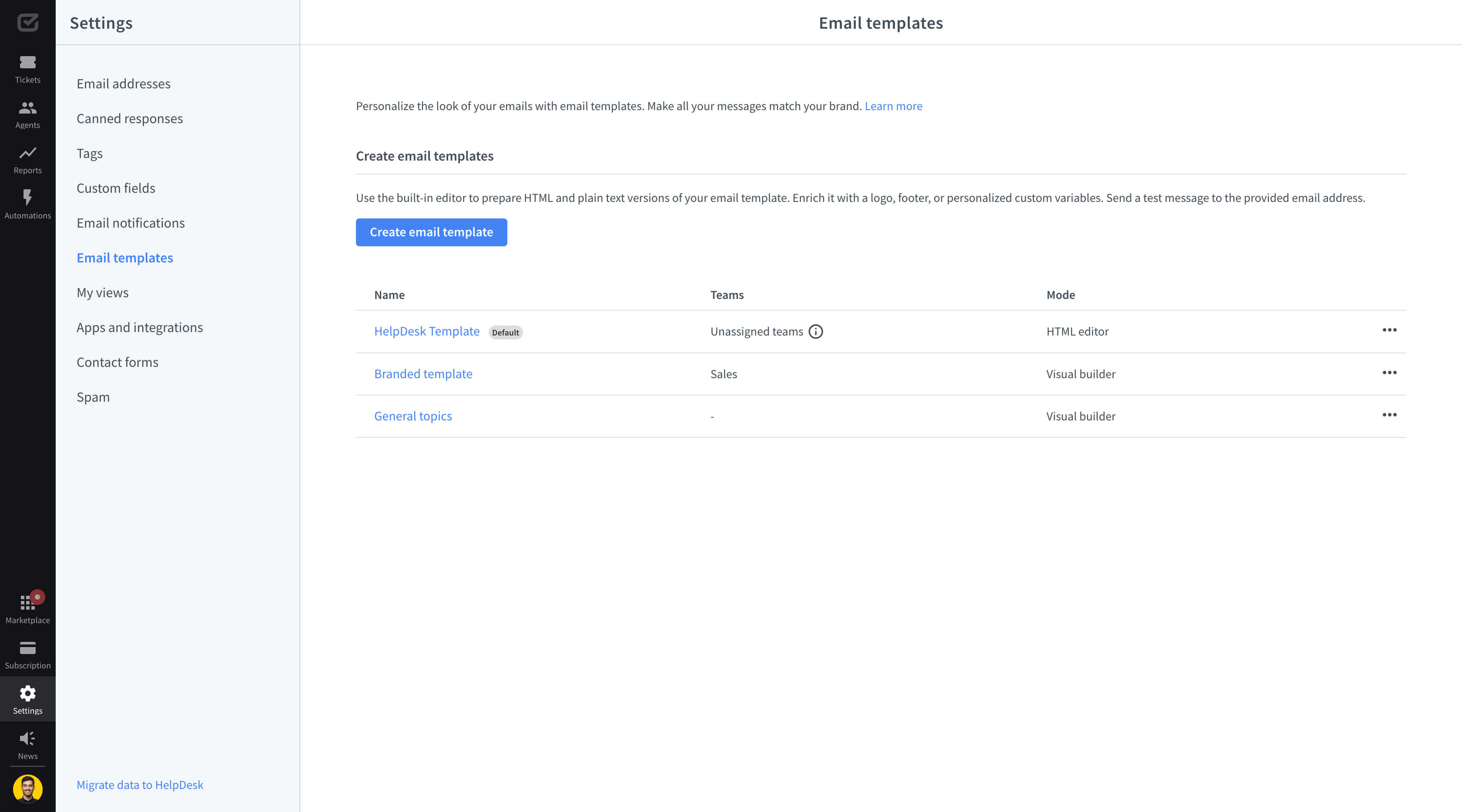 Email template settings in HelpDesk.