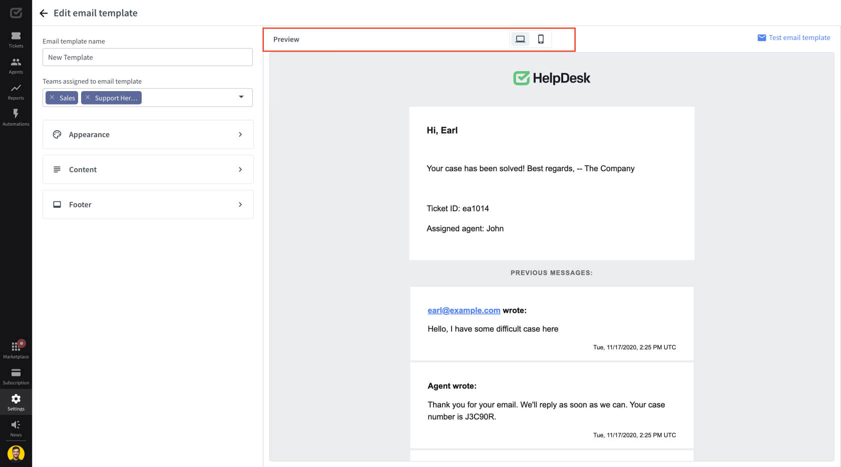 Email template HelpDesk Help Center