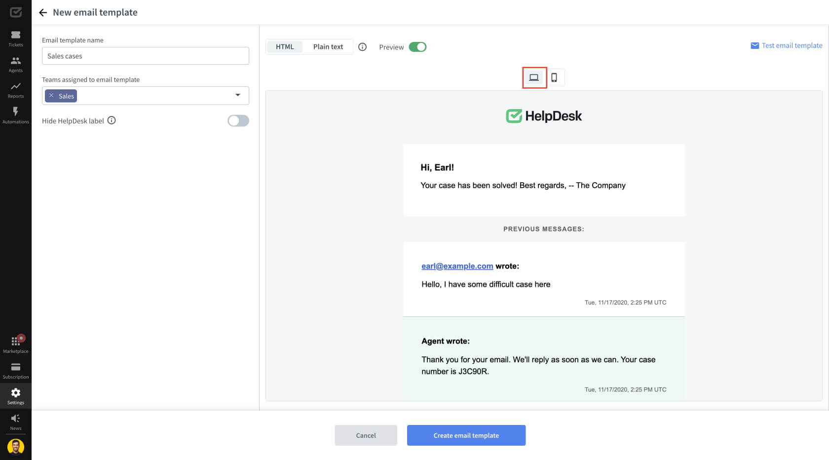 HelpDesk desktop email template preview option.