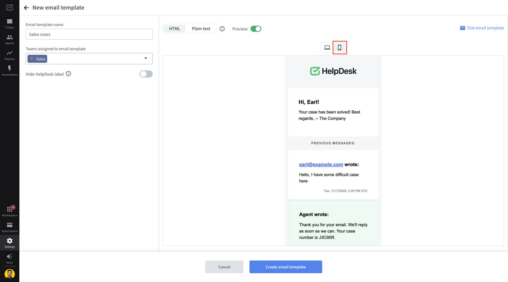 HelpDesk mobile email template preview option.