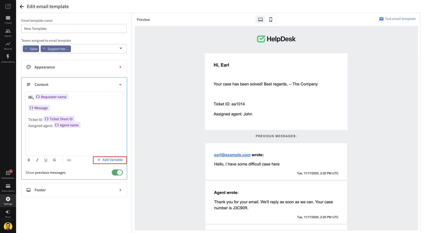 Variables in the email template builder in HelpDesk