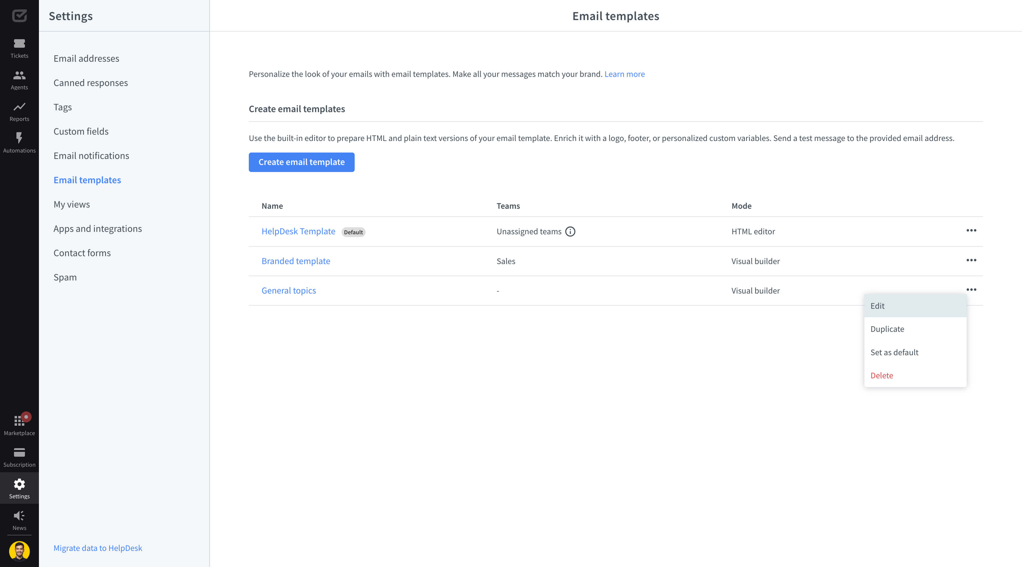 Four actions within an email template