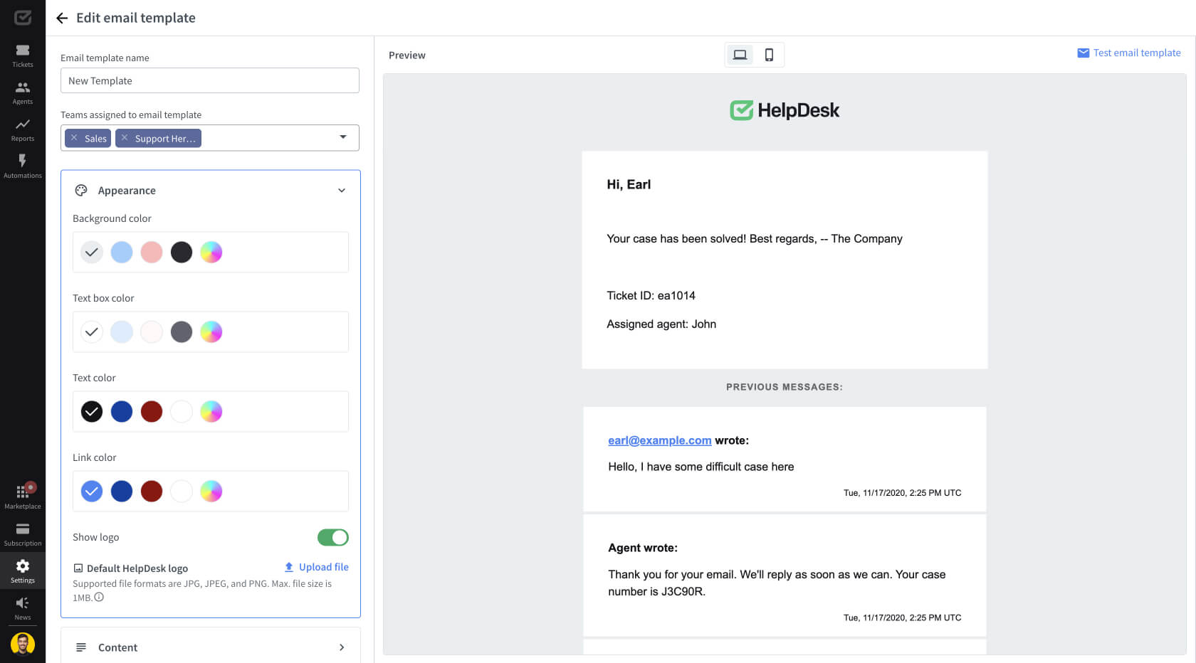 A visual builder for creating an email template in HelpDesk