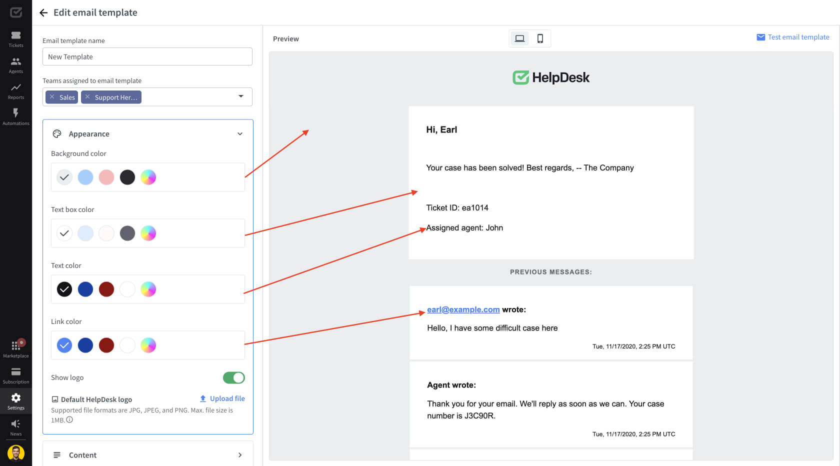 &ldquo;Appearance&rdquo; settings in the HelpDesk email template